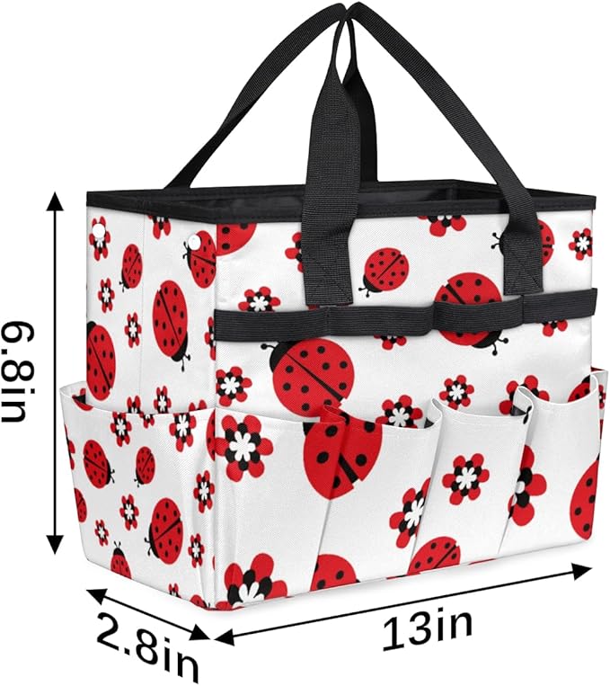 Ladybug Flower Garden Tool Tote Bag for Women Men Gardening Tool Storage Bags with 10 Pockets Standable Garden Home Tool Kits Organizer for Indoor Outdoor Gardening Gifts