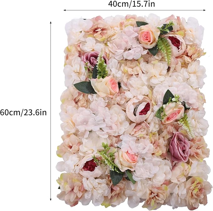 Pink Yellow Flower Wall Panels, Artificial Peony Rose Backdrop, 6Pcs 3D Silk Floral Panels for Wedding Decor, Party Background, Home Wall Decoration (40x60cm)