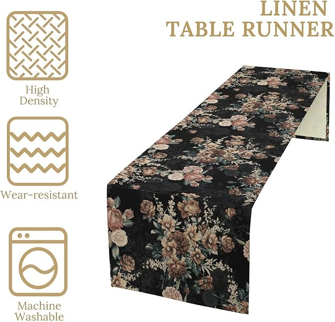 Dark Floral Table Runner, Orange Blossoming Flower Bunch Rose Gothic Black Wildflowers Table Runner for Farmhouse Kitchen Dining Table Decor, 13x90inch