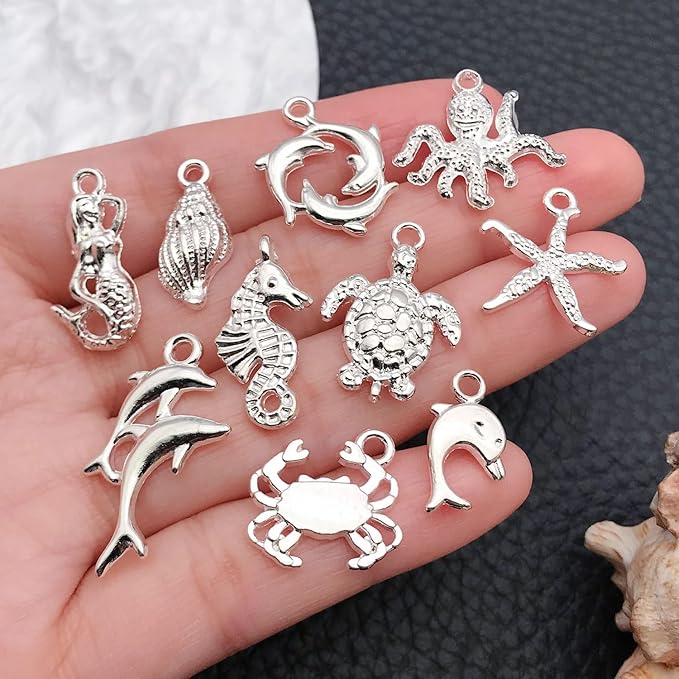 WOCRAFT 60pcs Bright Silver Ocean Bracelet Charms for Jewelry Making Sets DIY Necklace Bracelet Keychain Crafting Charms Kit Craft Supplies (SN885)