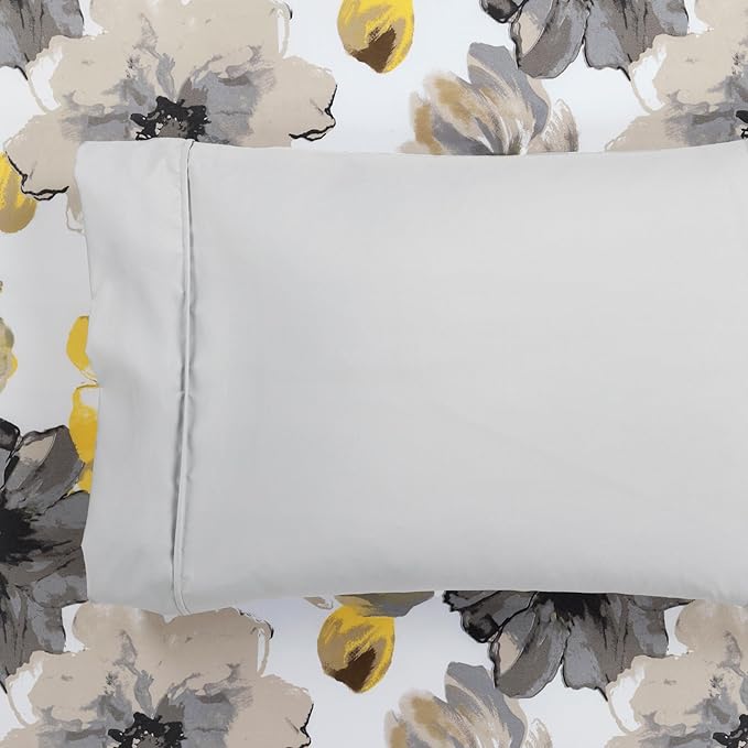 Lush Decor Leah Soft Floral Sheet Set, 6 Piece Set, King, Yellow & Gray- King Size Sheet Set - Printed Bedding - Watercolor Florals - Farmhouse Décor