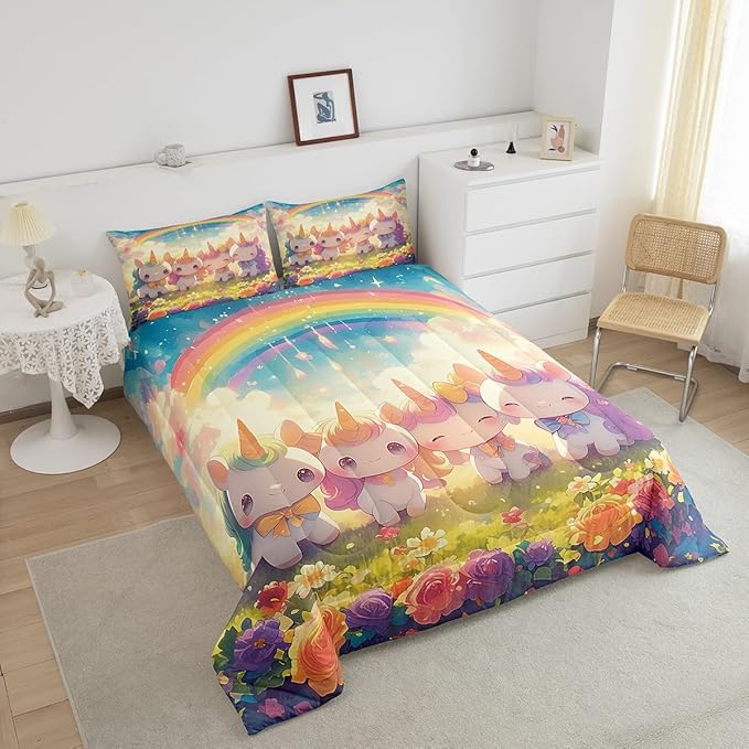 Unicorn Comforter Set Queen Size,Reversible Cute Unicorn Rainbow Cartoon Horse Animal Bedding Set for Women Adult,Kawaii Style Flowers Galaxy Cloud Luxury Bed Duvet Insert, 2 Pillowcases