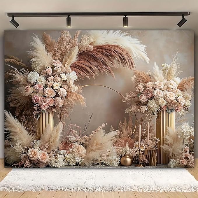 Boho Floral Wedding Backdrop Pampas Grass Flower Curtain Background Wedding Bridal Shower Anniversary Party Decoration Backdrop Newborn Baby Shower Pregnancy Photos Backdrop (8x6feet)