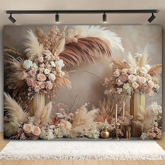 Boho Floral Wedding Backdrop Pampas Grass Flower Curtain Background Wedding Bridal Shower Anniversary Party Decoration Backdrop Newborn Baby Shower Pregnancy Photos Backdrop (5x3feet)