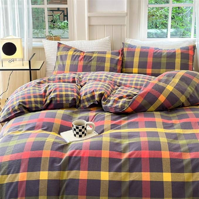 Multicolor Plaid Queen Size Comforter Set Modern Style Checkered Pattern Comforter Buffalo Grid Plaid Gingham Bedding Comforter Set for All Seasons Farmhouse Grid Bed Comforter with 2 Pillowcases