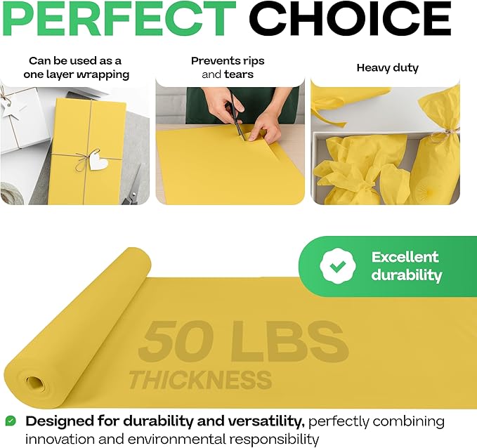 Yellow Kraft Paper Roll 18" x 1200" (100 feet) with Cutter - USA-Made Gift Wrapping Paper for Packing, Moving, Shipping & Crafts/Arts - 100% Recyclable Natural Craft Material by IDL Packaging
