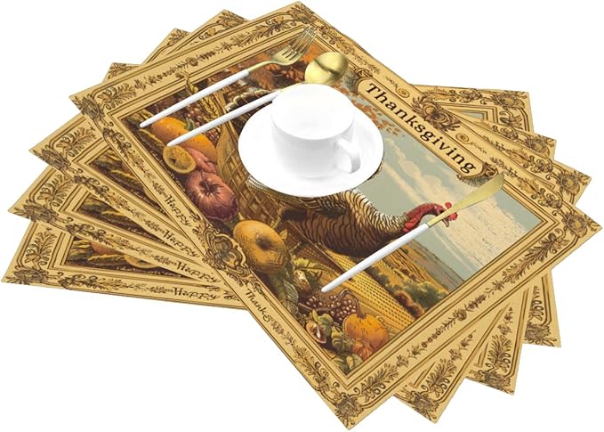 PVC Placemats Set of 6 Wipeable Table Mats Washable Heat Resistant Non Slip Vinyl Dining Table Mat for Kitchen Indoor Outdoor Patio Farmhouse Place Mats Retro Turkey Thanksgiving Decorative