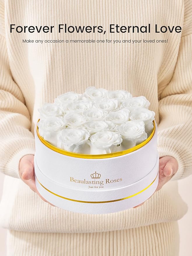 Preserved Roses Forever Flowers Real Roses in a Box Mother's Day Birthday Flowers for Her Mom Women Wife Valentine's Day, 16 White Roses