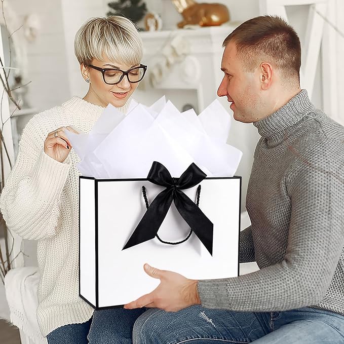 White Gift Bags 13 x 10 x 4’’, Portable Gift Bag Set with Tissue Paper and Greeting Cards, 2 PCS Gift Bags with Handles Ribbon for Women Men, Paper Present Bags for Birthday Party Wedding Christmas