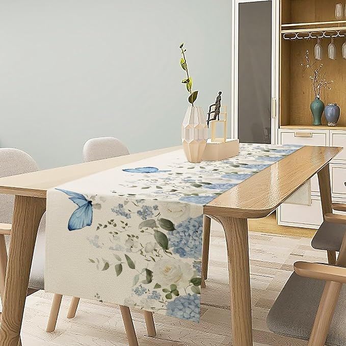Floral Table Runner, Blue White Flower Butterfly Garden Spring Nature Decoration Table Runner for Kitchen Dining Home Party, 13x70 Inch