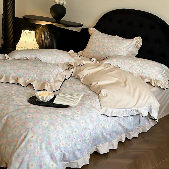 HighBuy Brushed Cotton Floral Ruffle Duvet Cover Full Size,Boho Chic Floral Bedding with Beige Edge,Breathable & Durable Bedding,Farmhouse Comforter Cover Sets 1 Duvet Cover and 2 Pillowcases