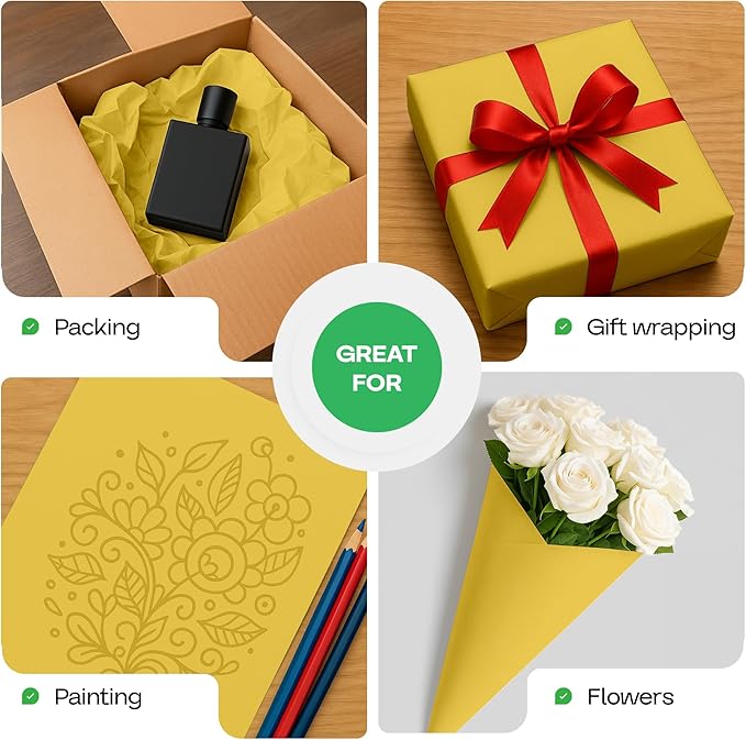 12" x 1200" (100 feet) Yellow Kraft Paper Roll - USA-Made Quality Craft Paper for Gift Wrapping, Kids' Arts & Crafts, School Projects - 100% Recycled Natural Material 50lb Thickness by IDL Packaging