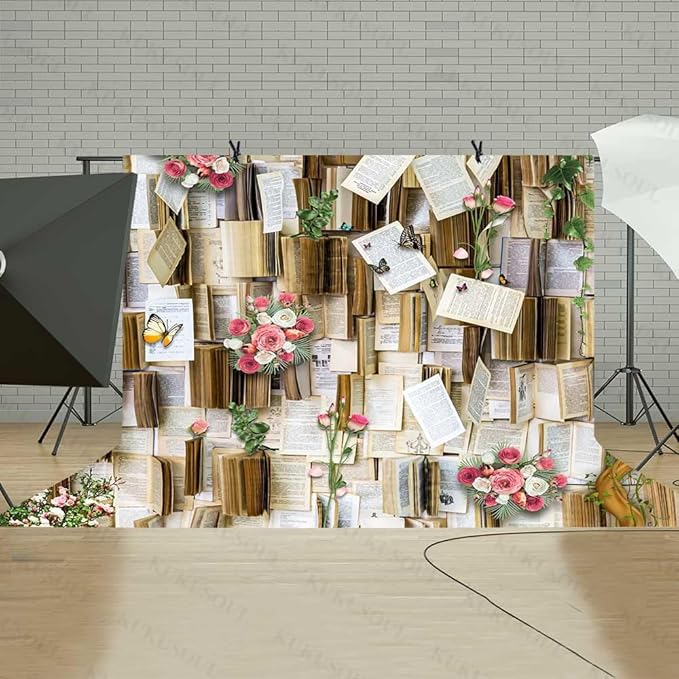 10x10ft Books Background Books Pages Pink and White Flowers Vintage Party Backdrop Princess Birthday Party Cake Table Decorations Photoshoot Backdrops KUBDJ736