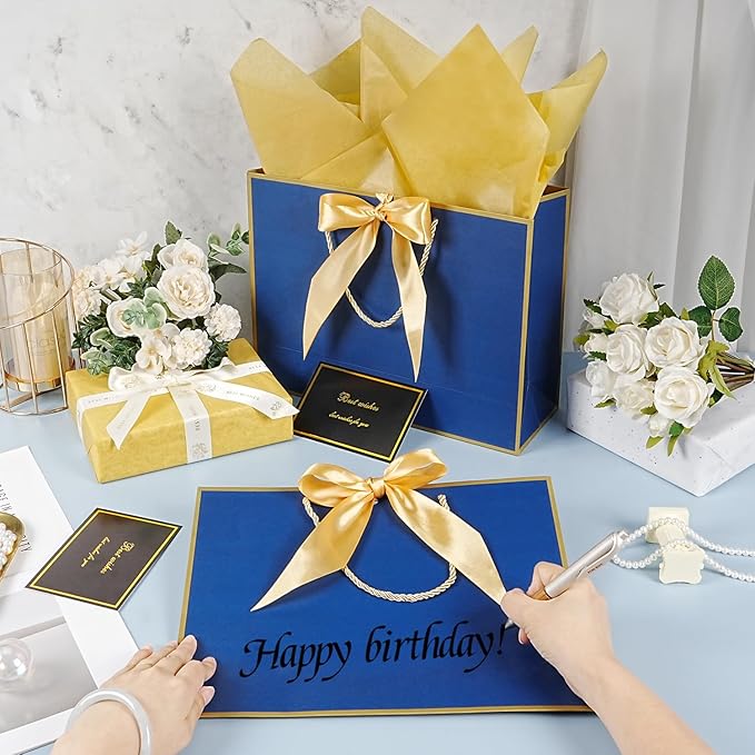 Navy Blue Gift Bags 13 x 10 x 4’’, Large Gift Bag Set with Tissue Paper and Greeting Card, 2 PCS Gift Bags with Handles Bow Ribbon, Paper Present Bags for Women Men Birthday Party Father's Day Wedding