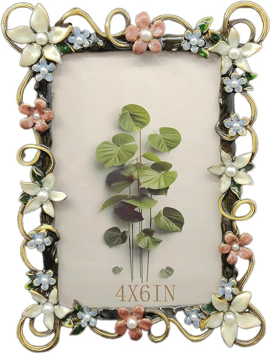 Vintage 4X6 Floral Picture Frames Luxury Unique Ornate Antique Metal Photo Frame of HD Glass for Tabletop/Wall Display Wedding Gifts for Women (Retro White Lace)