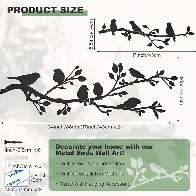 ULENDIS 3Pcs Large Metal Birds Wall Art, Bird on Branch Metal Birds Wall Decor Leaves with Bird Silhouette Sculpture, Ornament Branch Wall Hanging Sign for Balcony Garden Indoor Outdoor Decor