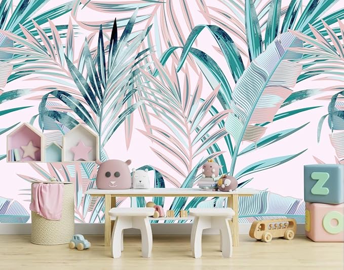 WFBHUA-Pink and Green Palm Leaf Wallpaper Large Self Adhesive Mural for Girls' Rooms 82"x57"