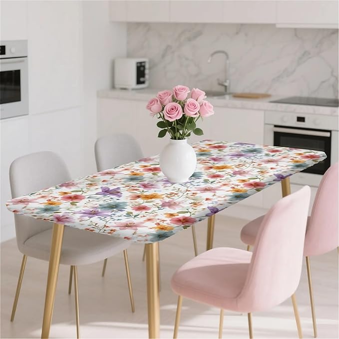 Rectangle Table Cloth Cover Waterproof Elastic Fitted Polyester Fitted Tablecloths for 4 Foot Tables for Indoor,Picnic, Camping, Outdoor （48" x 24"，Flower）
