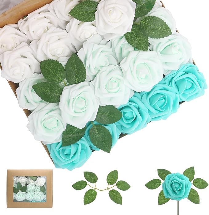 50PCS Artificial Flowers Green Series Roses Real Looking Foam Fake Roses with Leaves and for DIY Wedding Bouquets Bridal Shower Centerpieces Party Decorations (Green Series, 50)
