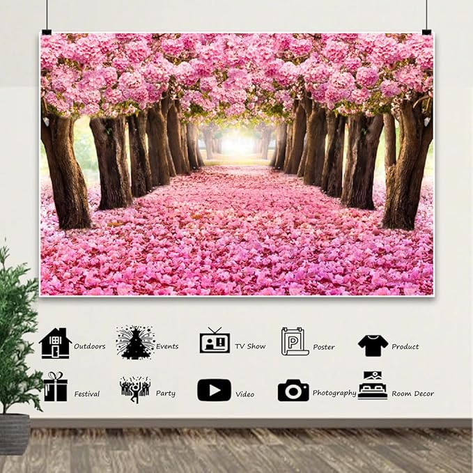 10x8ft Spring Pink Flower Trees Cherry Blossom Floral Petal Romantic Mother's Day Photography Background for Wedding Women's Day Baby Shower Spring Tea Party Decor