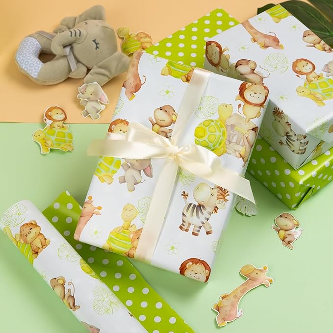 HOMERAL Baby Shower Wrapping Paper Roll - Jungle Animal Design - 17 Inch x 32.8 Feet (46.8 sq.ft) Green Gift Wrap with Lion, Elephant, Turtle, Giraffe, Zebra, Perfect for Baby Boy & Girl, Birthday, Gender Reveal, Holidays