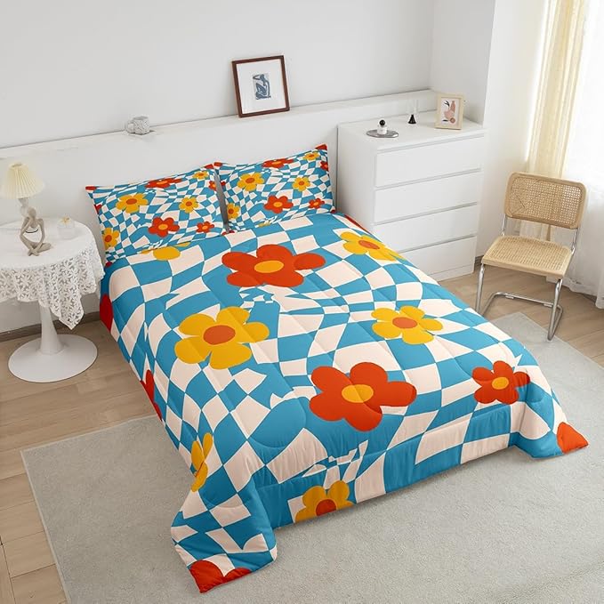 Castle Fairy Kids Vintage Groovy Daisy Flowers Queen Size Comforter Set,Abstract Blue Plaid Down Comforter Adults Bedroom Decor,70s Hippie Floral Ultra Soft Microfiber Inner Fill 3Pcs Bedding