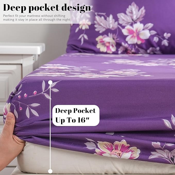 Bedlifes Queen Sheet Set Ultra Soft, Breathable, Silky Flower Deep Pocket 100% Microfiber Bedding, 4 Piece Queen Size Dark Purple Floral