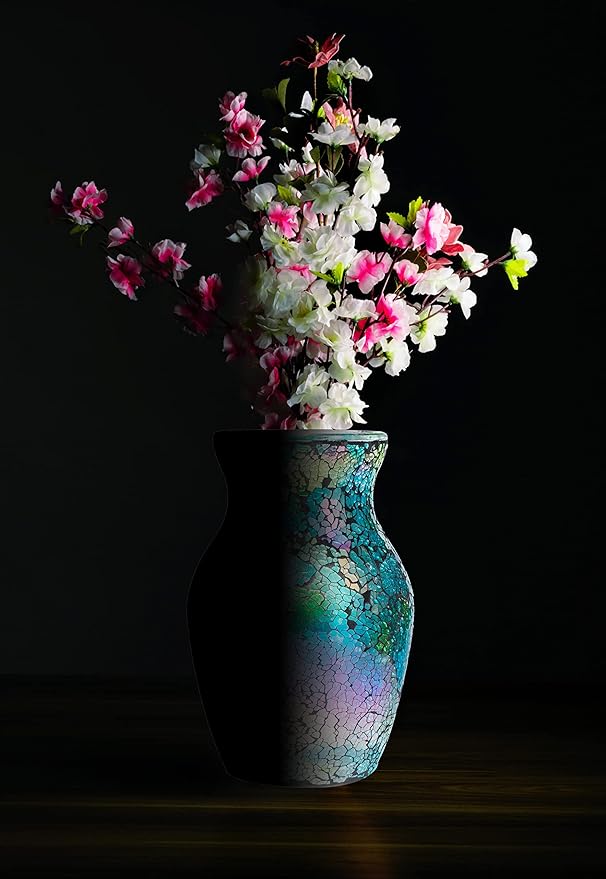8" H Green Mosaic Glass Flower Vase,Decor Home Modern Midsize Mosaic Vase for Bedroom Livingroom Kitchen Office Wedding,Unique Gift