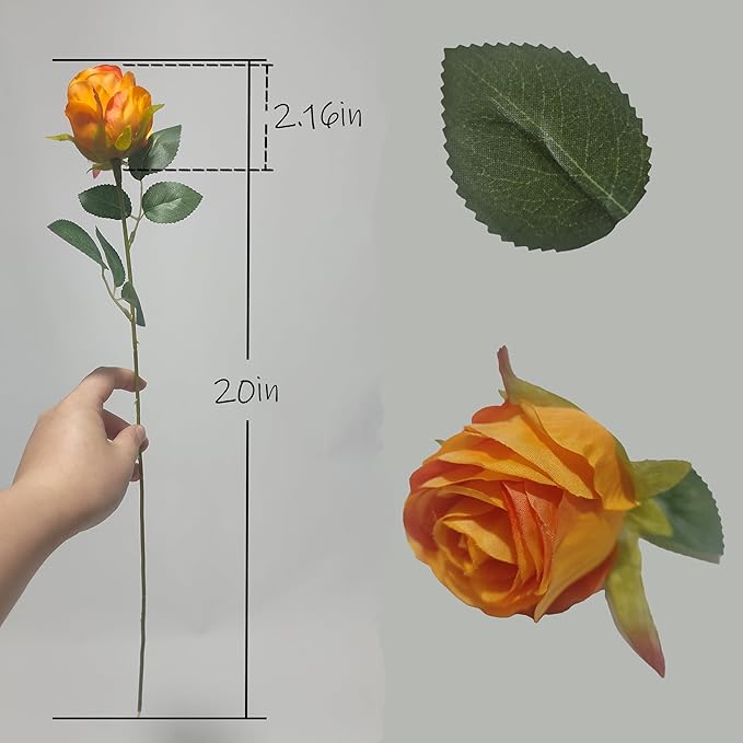 Artificial Roses 50 Pcs - Lifelike Single Stem Fake Roses with Natural Petal Texture,Fade-Resistant Silk Flowers for Wedding Decor,Home Vase Arrangements,Party Centerpieces (50, Orange)