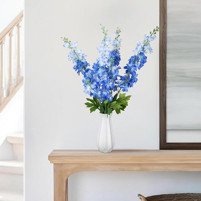 4 Pcs Blue Delphinium Artificial Flowers 33.1'' Faux Flowers Lifelike Fake Larkspur Long Stem Silk Plant for Wedding Party Tall Vase Outdoor Bouquet Decor