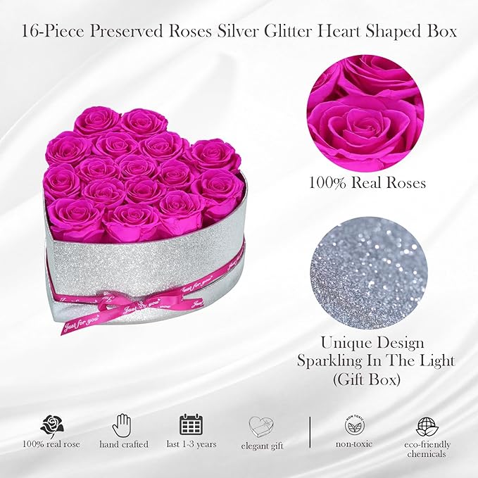 Flowers for Delivery, 16 Hot Pink Preserved Rose in Heart Shaped Box, Real Forever Roses Birthday Anniversary Valentines Day Mothers Day Flowers Gifts for Women Mom.Wife Her
