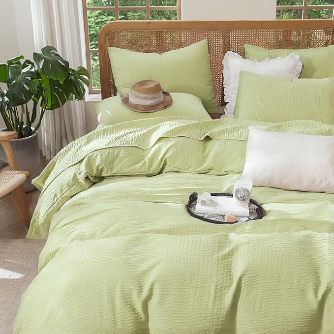 King Size Duvet Cover Desert Sage, Luxury Soft Microfiber Double-Layer Crinkle Gauze Sage Duvet Cover, 3 Pieces Bedding for All-Season, Breathable with Zipper Closure