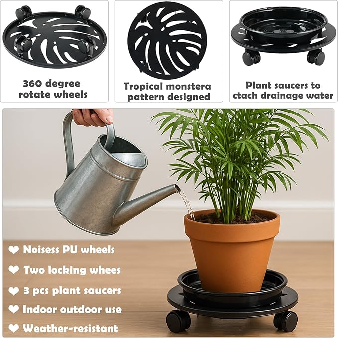 3-Pack 13.5 Inches Square Metal Plant Caddy with Wheels Heavy Duty Large Rolling Plant Stand Indoor Outdoor Wheeled Planter Dolly Cart with Lockable Casters Flower Pot Mover Roller Trolley, Black