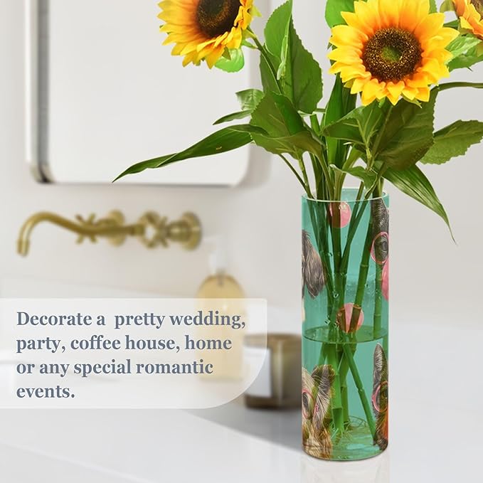 Flower Vase Clear Plastic Cylinder Vases Decor for Centerpieces Home Storage Office Weddings Pink Glasses Cats Dogs and Bubbles 11.8 x 3.9 in