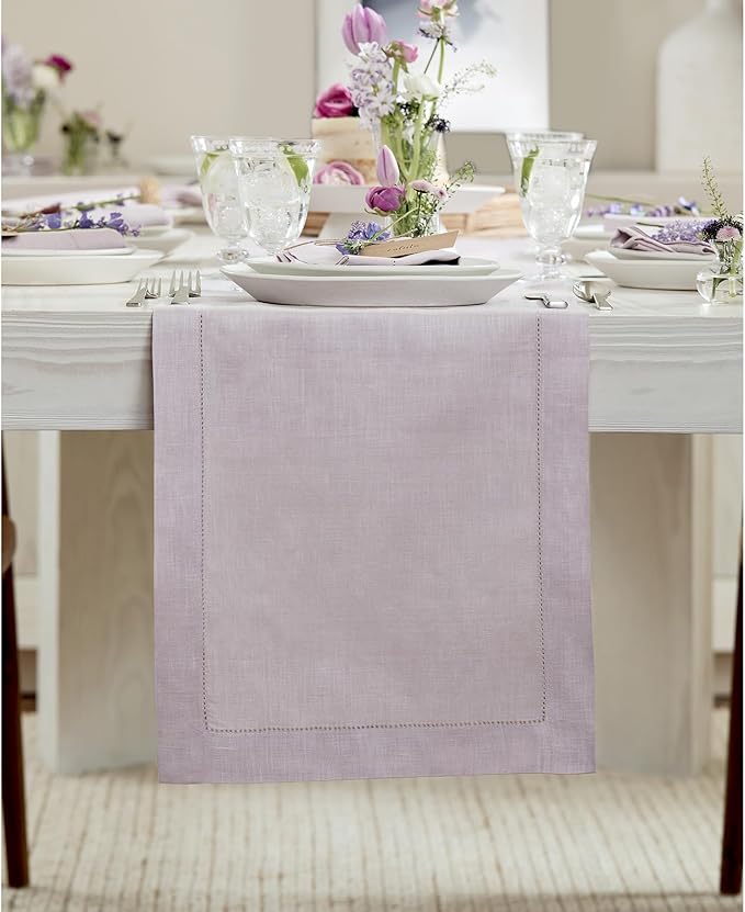 Solino Home Linen Lilac Table Runner 156 Inches Long - 100% Pure Linen Extra Long Table Runner 14 x 156 Inch for Valentines, Spring, Easter - Classic Hemstitch