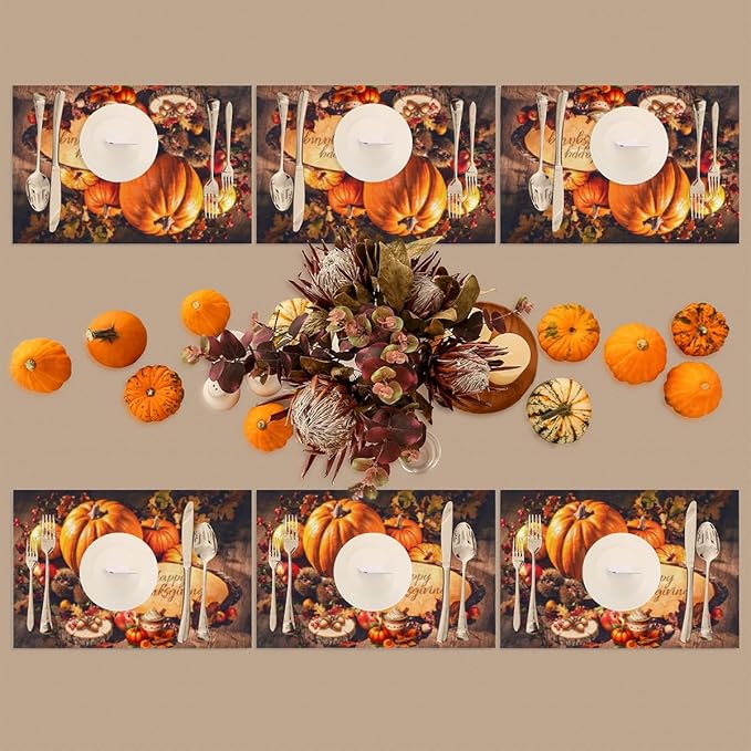 Thanksgiving Holiday Modern Pumpkins Placemats Set of 6 PVC Vinyl Non Slip Table Mats Heat Resistant Place Mats Washable Wipeable Dining Table Mat for Kitchen Party Indoor Outdoor Decorative Gift