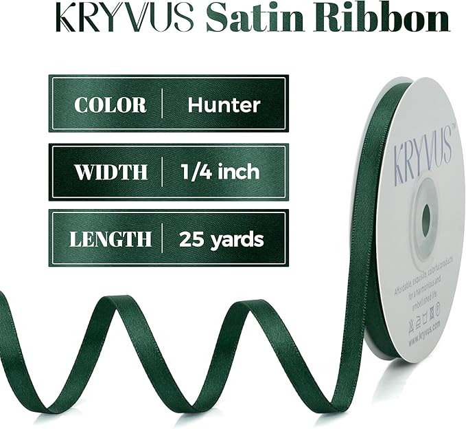 Hunter Green Satin Ribbon, Double Faced 1/4 Inch X 25 Yards Hunter Green Ribbon, Premium Satin Ribbon for Gift Wrapping, Crafts, Hair Bow Making, Sewing, Flower Bouquet, Wedding Party Decor