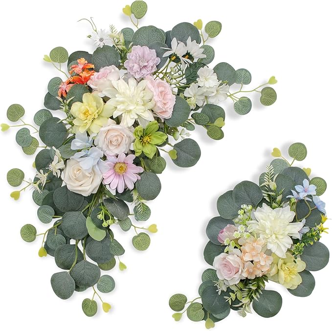 Artificial Wedding Arch Flowers for Wedding Sign,Set of 2 for Wedding Welcome Ceremony Sign,Faux Floral Swags,Wedding, Banquet and Reception Backdrop Floral Decoration (Green)