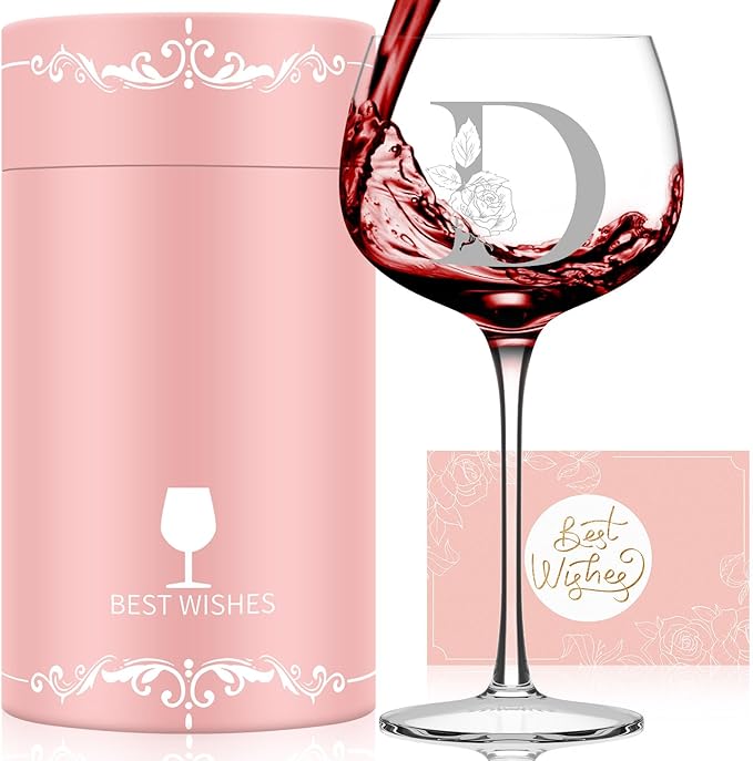 Personalized Gifts for Women, Monogrammed A-Z Wine Glass Customized Gift, Unique Christmas Birthday Gifts for Women Her Mom Friend Sister Wife Daughter Nurse (D)