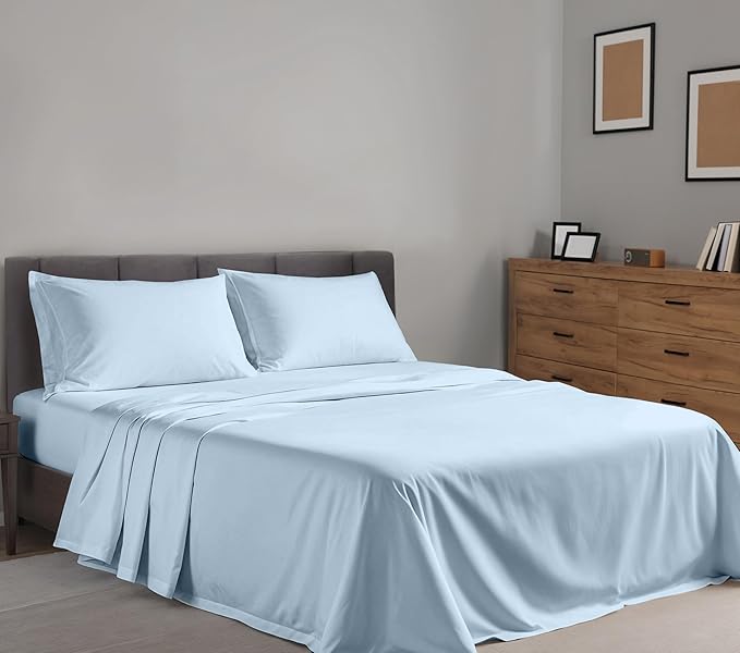 RUVANTI 100% Cotton Sheets Queen Size Set, 4 Pieces, Soft & Breathable Percale Weave Bedding, Deep Pocket 16", Hotel Standard, Crisp Cool Feeling, Durable, Perfect Dyed Bed Sheet, Baby Blue