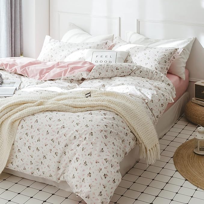 HighBuy Floral Duvet Cover Full Size Girl Cotton Pink Floral Coquette Bedding Comforter Covers Full Lightweight Soft for Girls Garden Style Bedding Set with Zipper Closure for Children