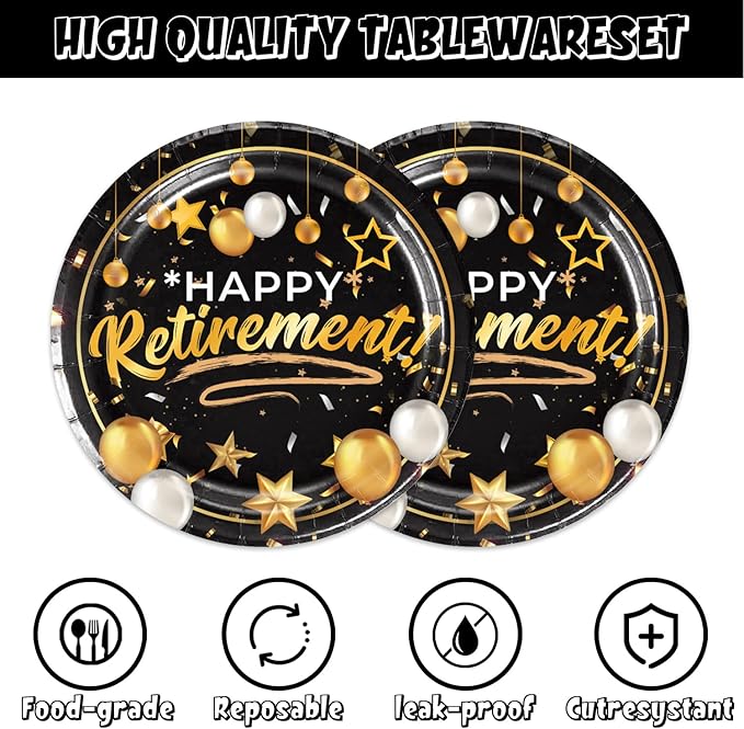48Pcs Happy Retirement Party Decorations Include Plates Napkins Forks Black and Gold Party Decorations Serve 16 Guests