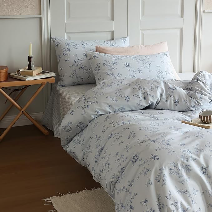 LifeTB Duvet Cover Set King 100% Cotton Vintage Blue Floral Duvet Cover Aesthetic Flower Comforter Cover with Zipper Closure Cottagecore Style Duvet Cover King with 2 Pillowcases for All Season