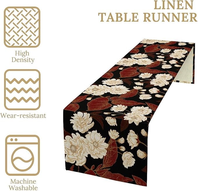Red Gold Floral Table Runner, Boho Dark Flower Leaves Chinese Plum Blossoms Botanical Vintage White Gold Art Print Table Runner for Spring Holiday Decor, 13x60inch