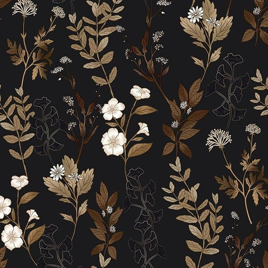 Black Floral Peel and Stick Wallpaper 17.4" x 197" Vintage Dark Gold Leaf Contact Paper Waterproof Self-Adhesive Vinyl Wall Covering for Bedroom Bathroom Countertop Cabinets, Boho Wall Decor