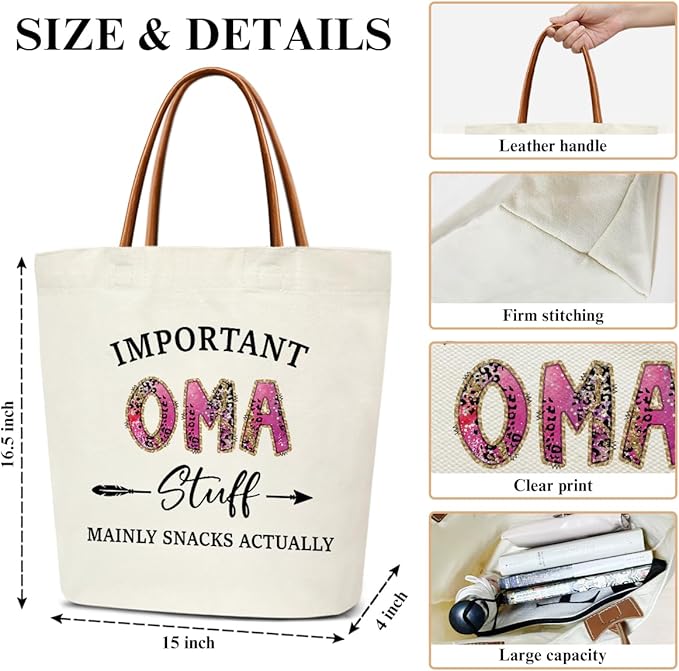 Canvas Tote Bag for Women, Important Stuff Bag with Leather Handle, Reusable Grocery Bags for Shopping Beach Travel