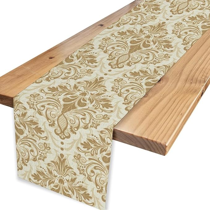 Golden Damask Table Runner, Luxury Antique White Gold Bohemian Exotic Flower Cafe Table Center Decor for Home Kitchen Dining Patio Holiday Party Indoor Outdoor Table Decorations 13x90 inch