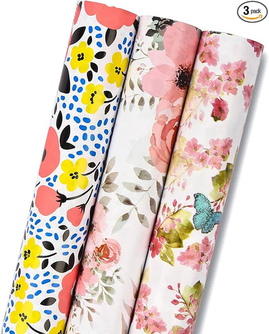 MAYPLUSS Floral Wrapping Paper Roll - 17x120 Inch, 3 Rolls - Multi-purpose, Perfect for Gift Wrap, Wedding, Birthday, Mother's Day