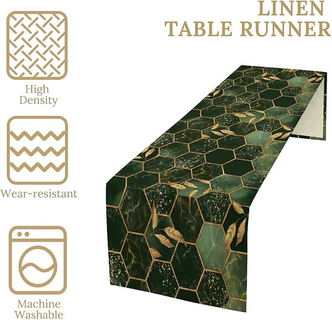 Hunter Green Marble Table Runner Abstract Dark Emerald Green Marble Hexagon Texture Golden Leaves Dinner Runner Table Decoration for Home Kitchen Dining Holiday Party 13x90in
