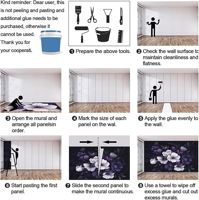 Dark Peony Floral Wall Mural, Purple and Black Flower 3D Wall Murals, Luxury Botanical Wallpaper Mural, for Living Room Bedroom Large Wallpaper Indoor Decor 169.3" W x118.2 H
